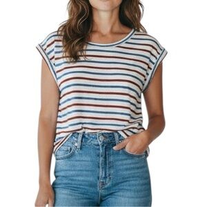 Veronica Beard Dree 100% Linen Muscle Tee Rust Blue Red White Sleeveless Top XS